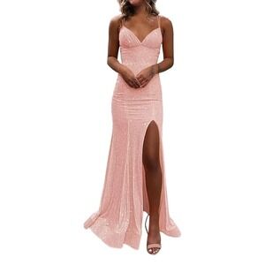 Blush Pink Long VNeck Mermaid Sequin Formal Evening Gown with Slit -2 New W/ Tag